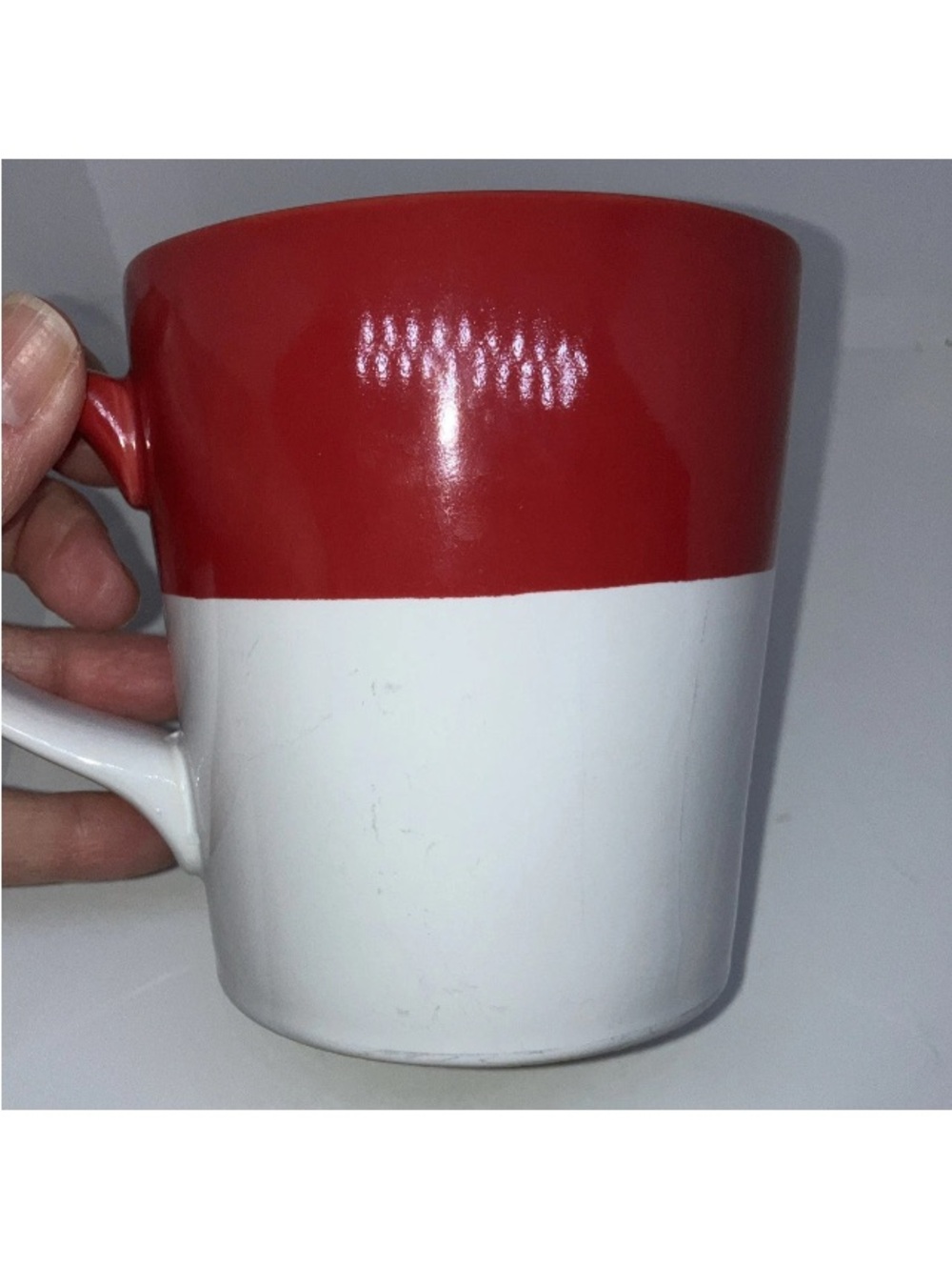 SET OF 2 Crate & Barrel Ceramic Coffee Mugs Red White Dipped Glaze 14oz Holidays - Picture 14 of 16
